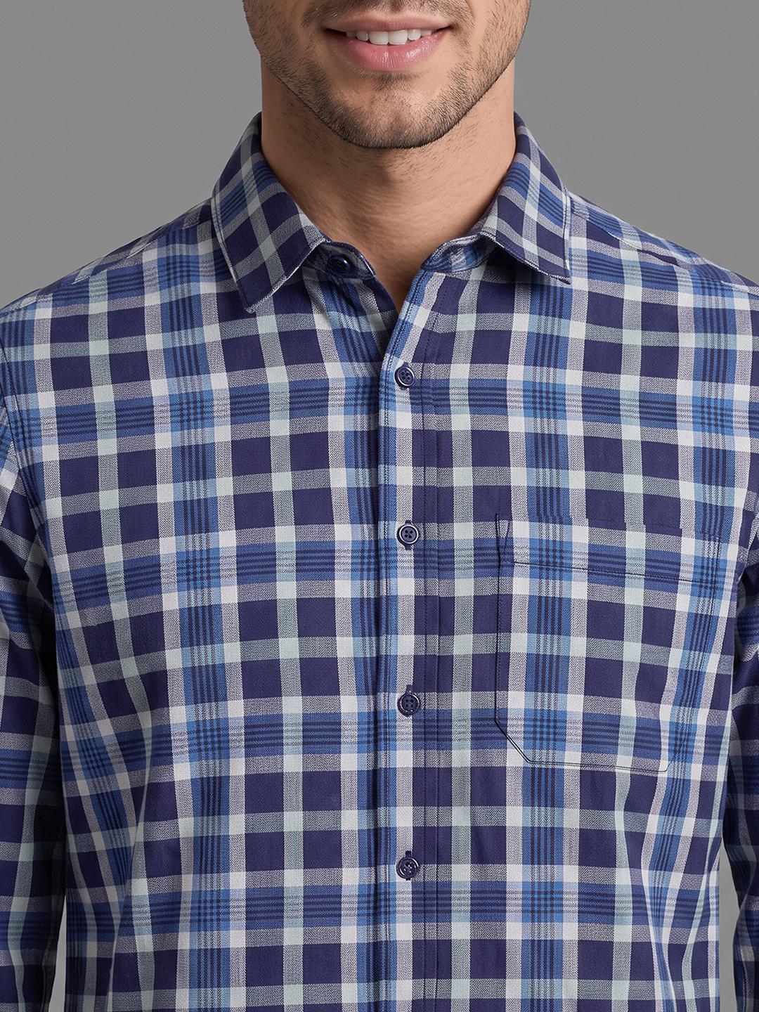Ink Blue Regular Fit Check Long Sleeve Spread Collar Shirt By Being Human Clothing