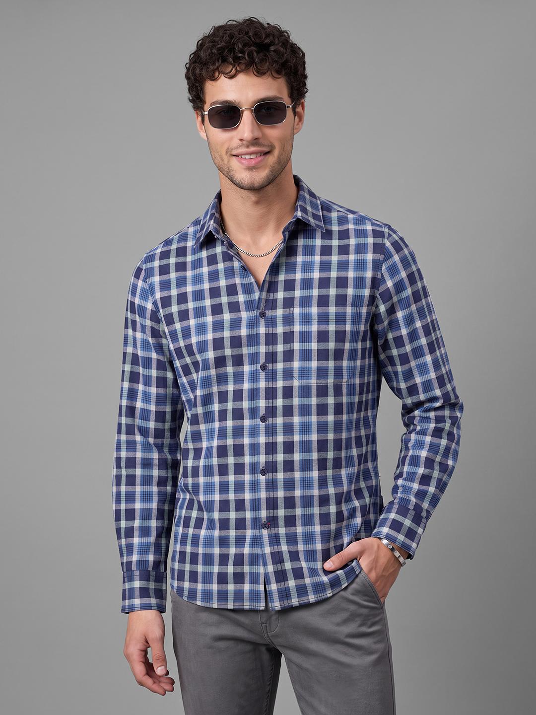 Ink Blue Regular Fit Check Long Sleeve Spread Collar Shirt By Being Human Clothing