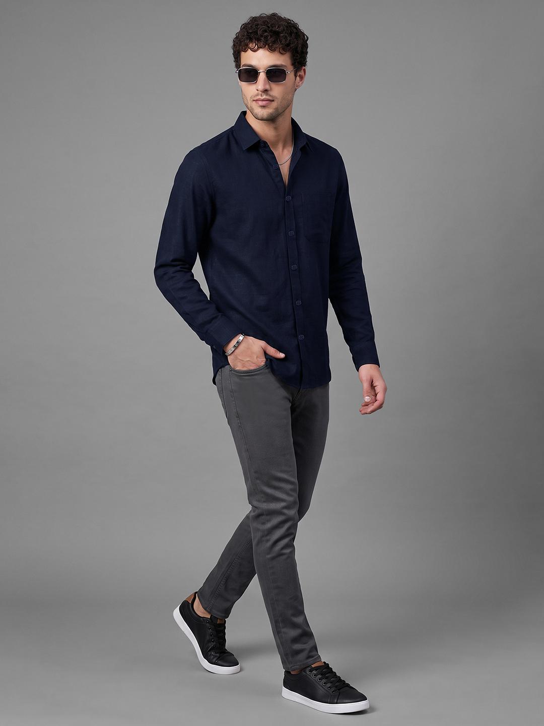 Indigo Regular Fit Solid Long Sleeve Spread Collar Shirt By Being Human Clothing