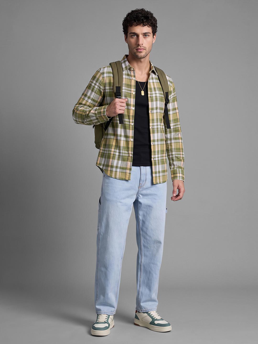 Olive Regular Fit Check Long Sleeve Spread Collar Shirt By Being Human Clothing
