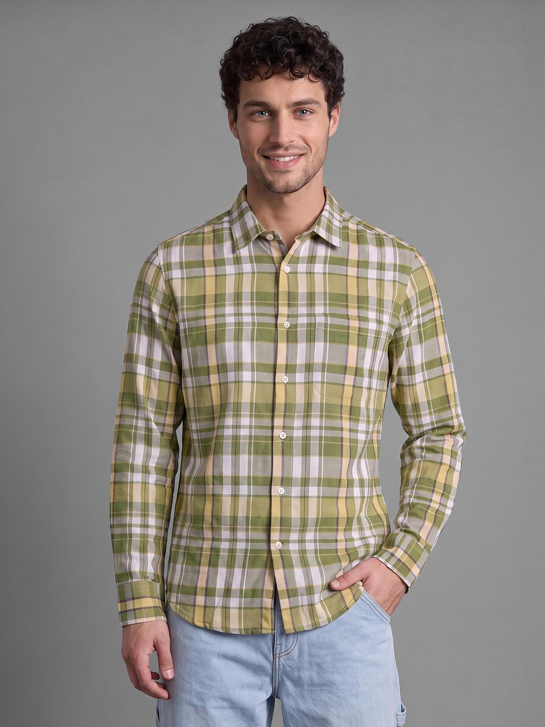 Olive Regular Fit Check Long Sleeve Spread Collar Shirt By Being Human Clothing