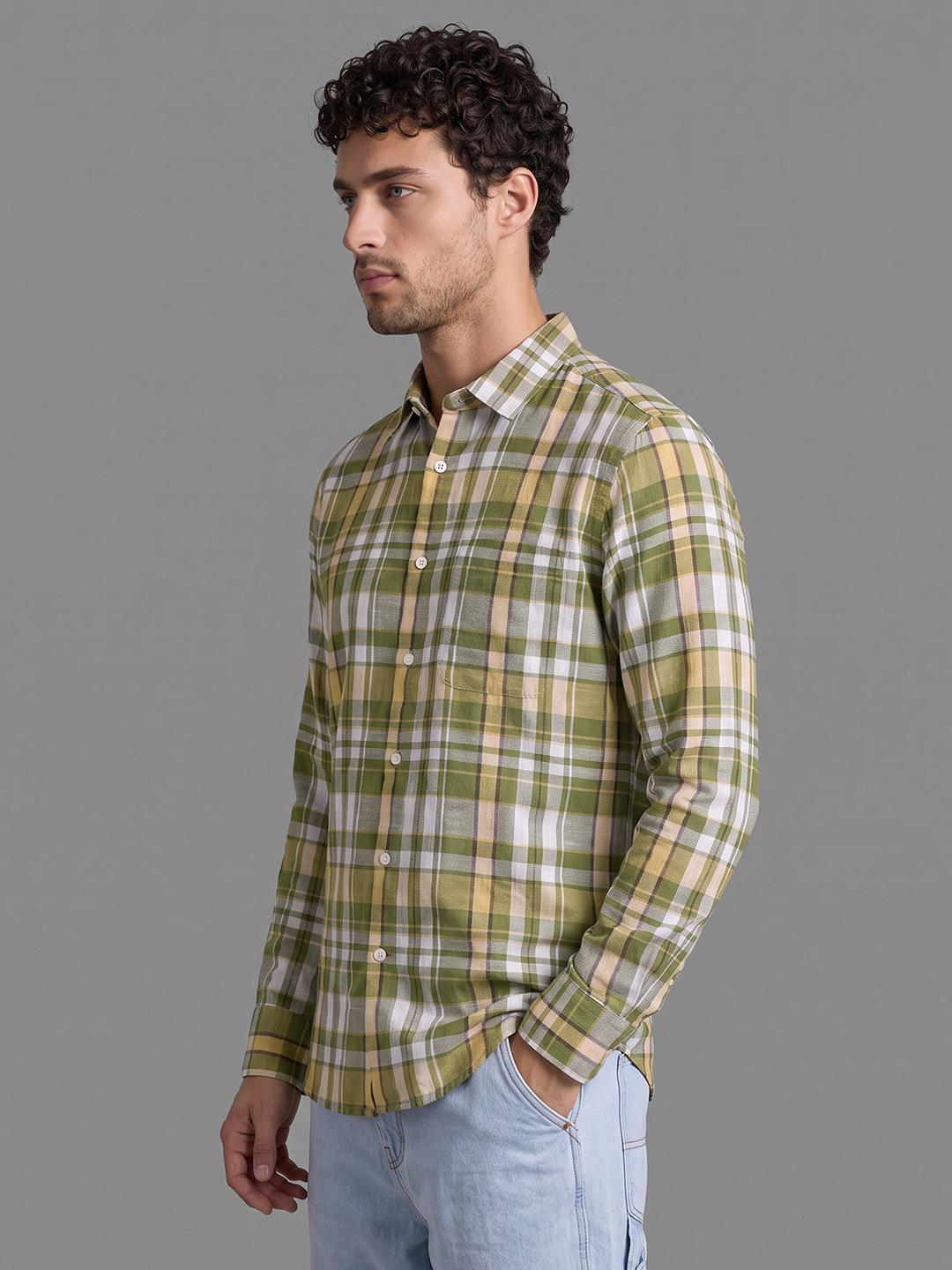 Olive Regular Fit Check Long Sleeve Spread Collar Shirt By Being Human Clothing