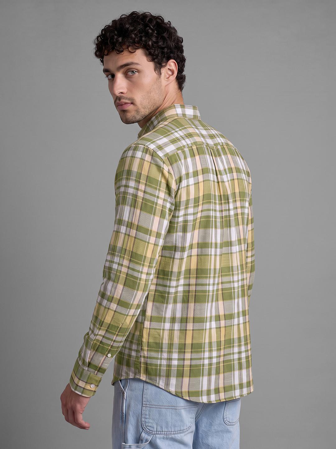 Olive Regular Fit Check Long Sleeve Spread Collar Shirt By Being Human Clothing