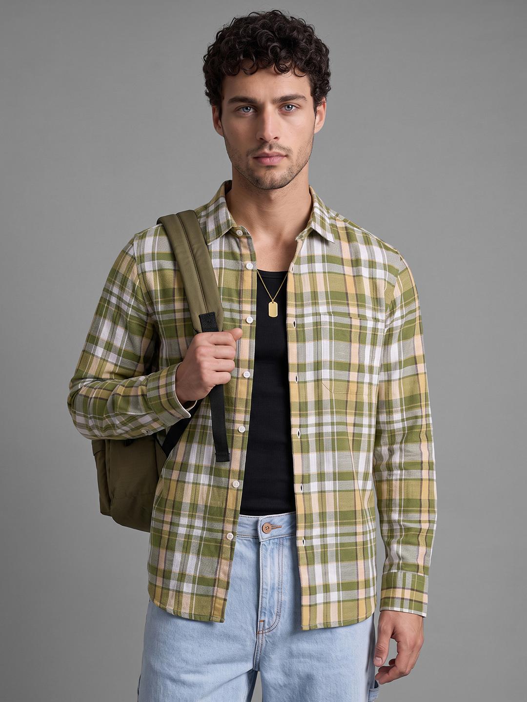 Olive Regular Fit Check Long Sleeve Spread Collar Shirt By Being Human Clothing