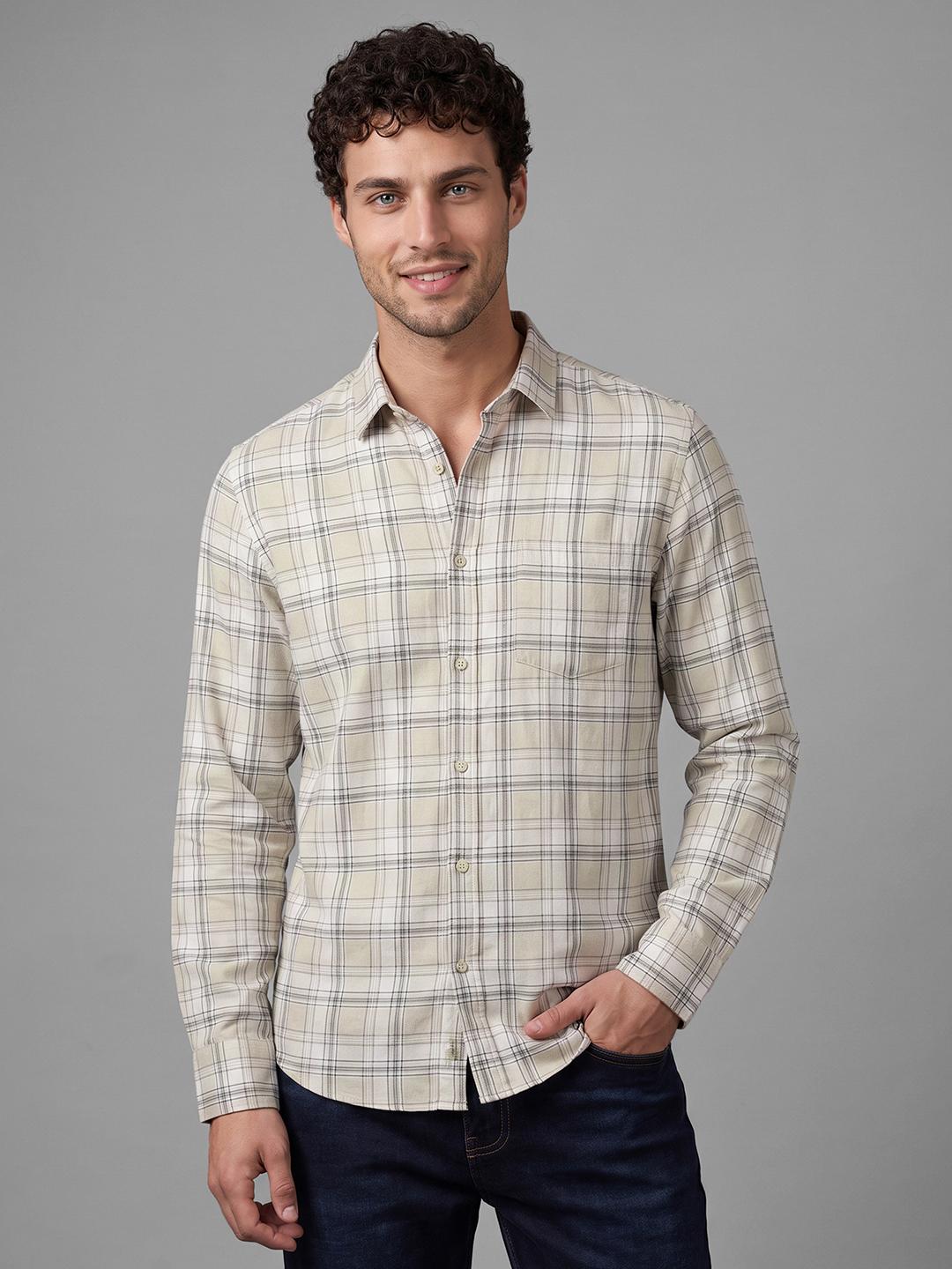 Beige Regular Fit Check Long Sleeve Spread Collar Shirt By Being Human Clothing