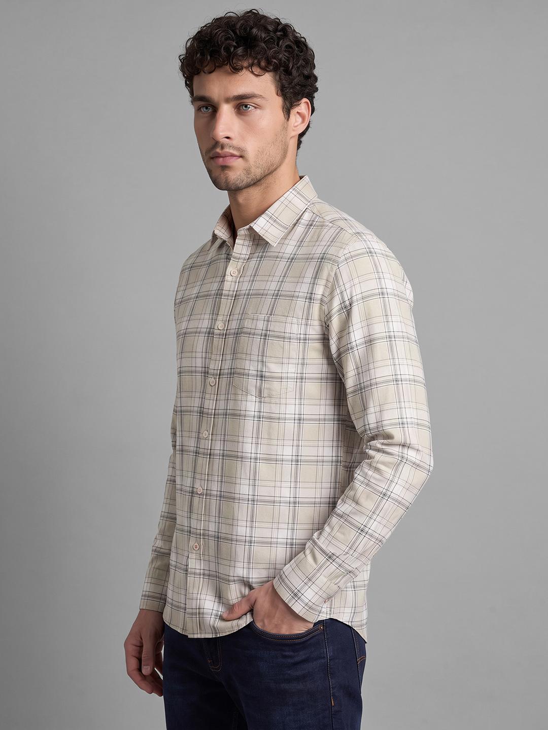 Beige Regular Fit Check Long Sleeve Spread Collar Shirt By Being Human Clothing