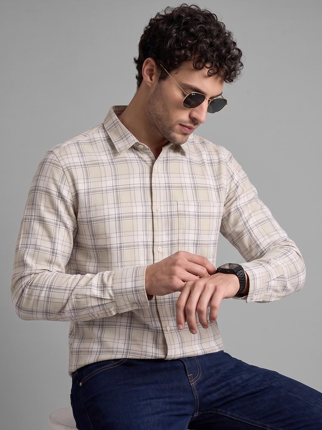 Beige Regular Fit Check Long Sleeve Spread Collar Shirt By Being Human Clothing