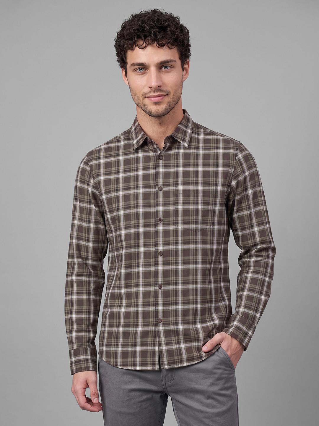 Brown Regular Fit Check Long Sleeve Spread Collar Shirt By Being Human Clothing
