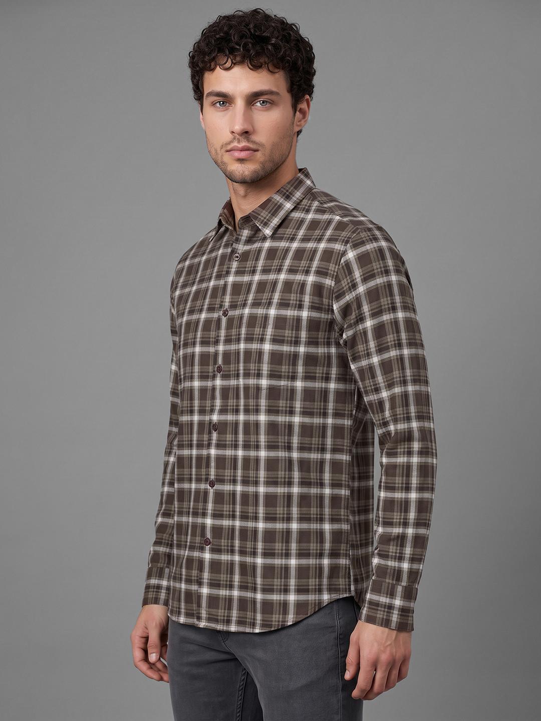 Brown Regular Fit Check Long Sleeve Spread Collar Shirt By Being Human Clothing