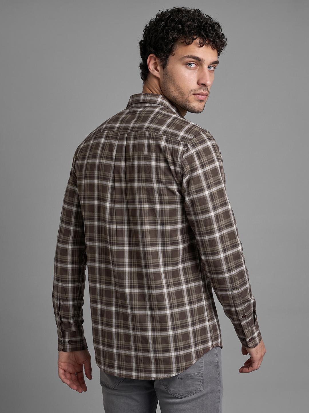 Brown Regular Fit Check Long Sleeve Spread Collar Shirt By Being Human Clothing