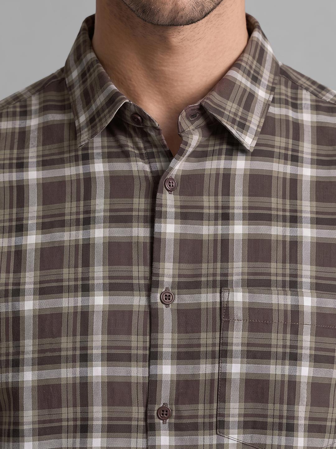 Brown Regular Fit Check Long Sleeve Spread Collar Shirt By Being Human Clothing