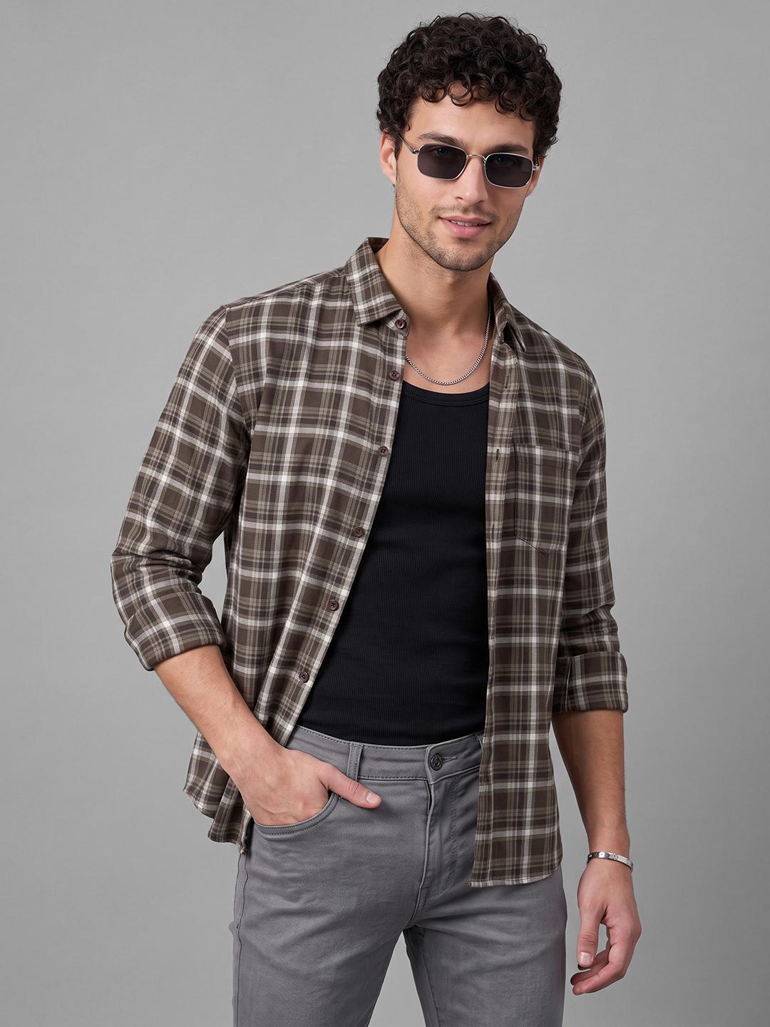 Brown Regular Fit Check Long Sleeve Spread Collar Shirt By Being Human Clothing