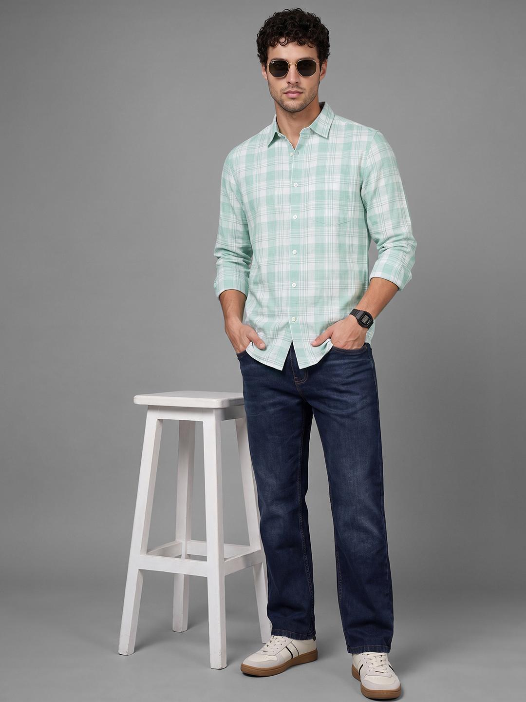 Mint Regular Fit Check Long Sleeve Spread Collar Shirt By Being Human Clothing