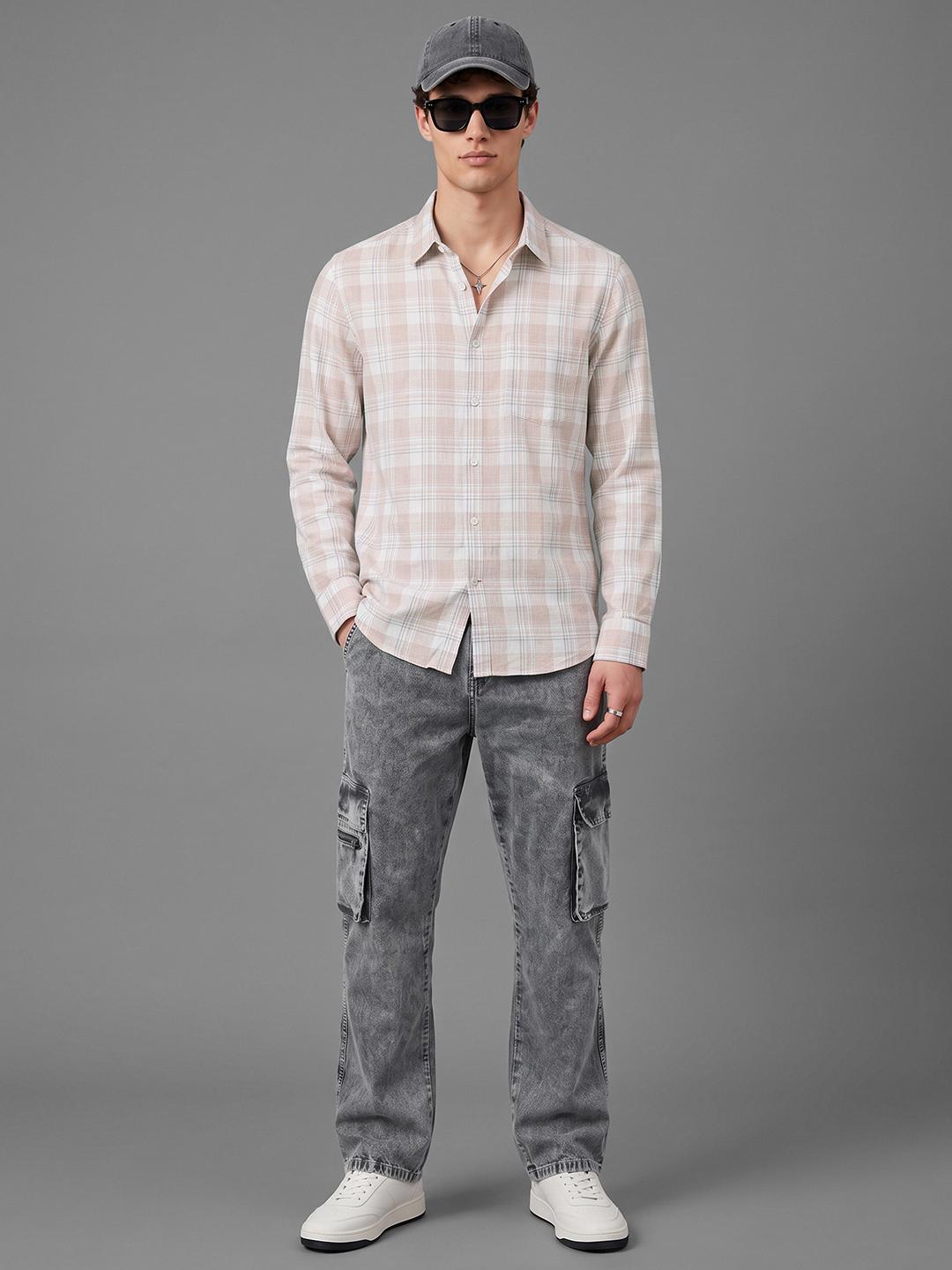 Peach Regular Fit Check Long Sleeve Spread Collar Shirt By Being Human Clothing