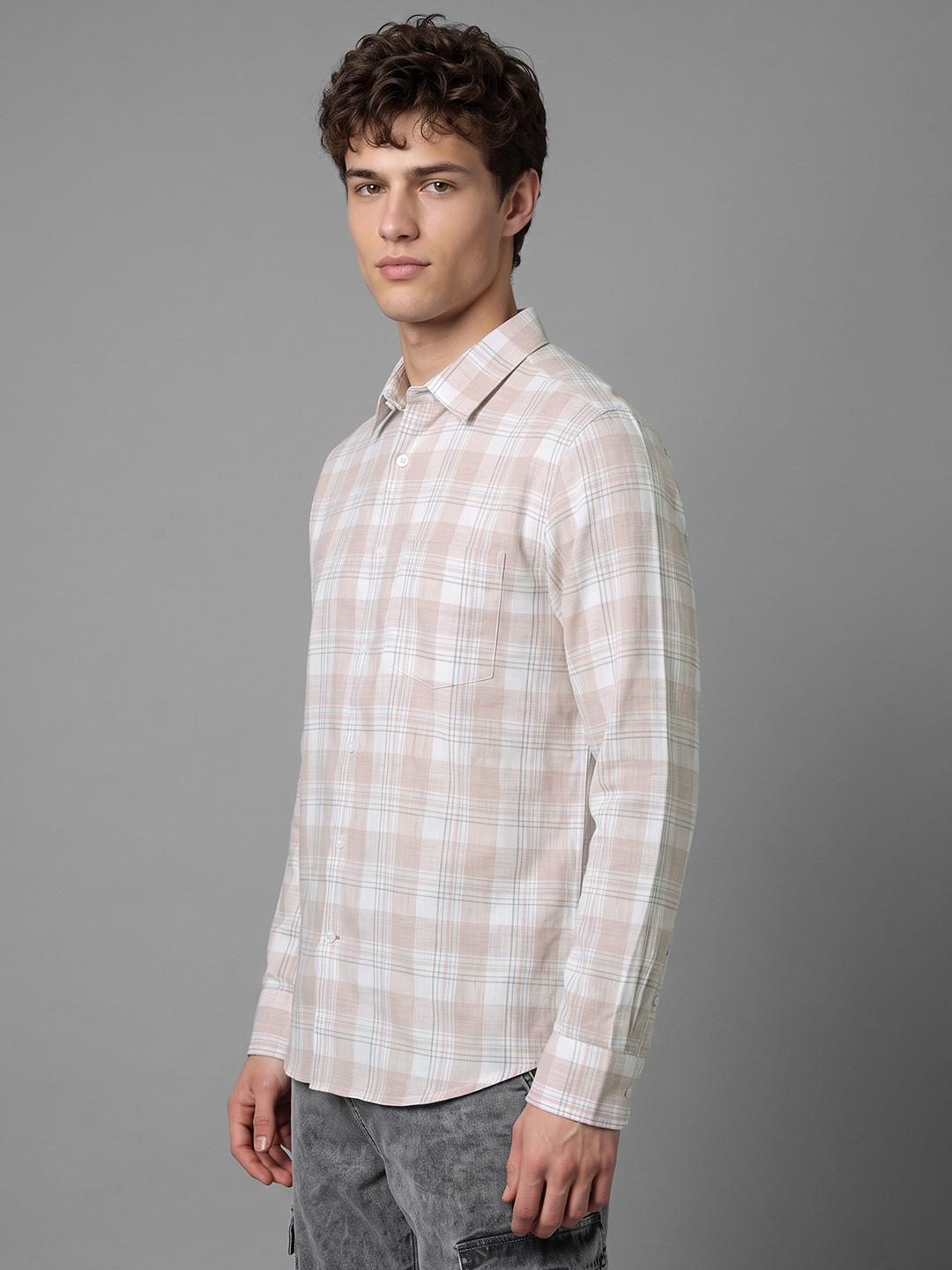 Peach Regular Fit Check Long Sleeve Spread Collar Shirt By Being Human Clothing