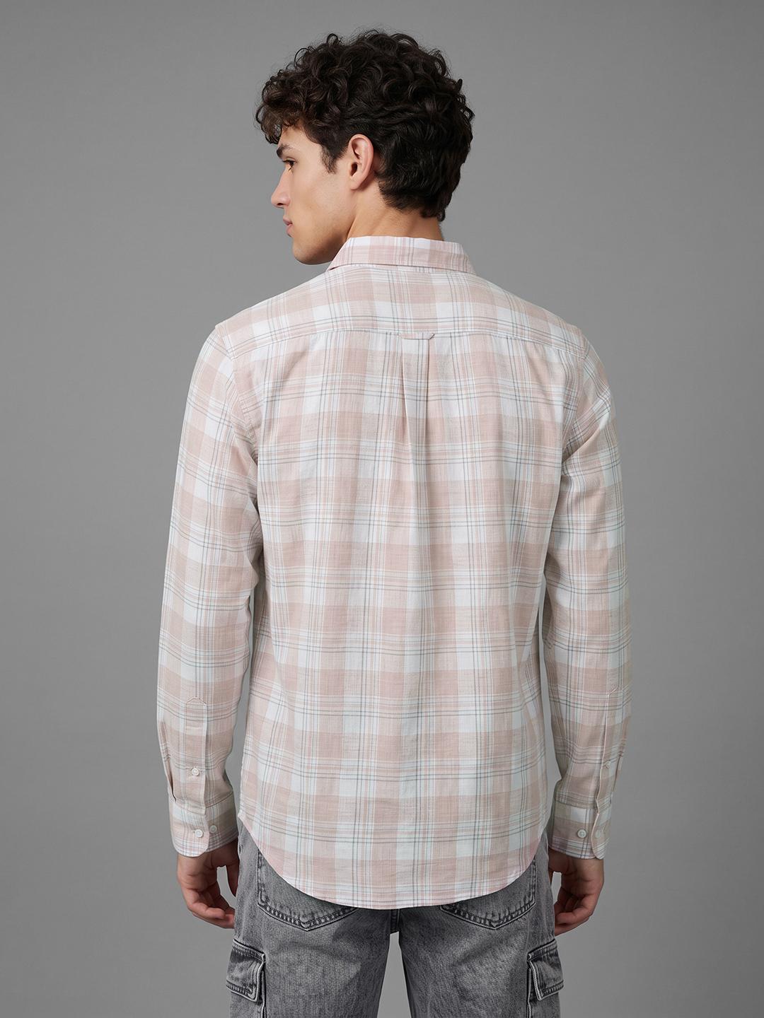 Peach Regular Fit Check Long Sleeve Spread Collar Shirt By Being Human Clothing