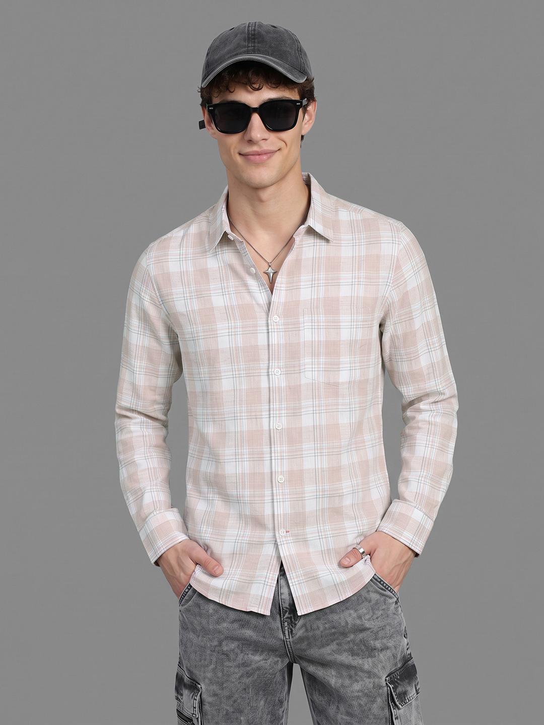 Peach Regular Fit Check Long Sleeve Spread Collar Shirt By Being Human Clothing