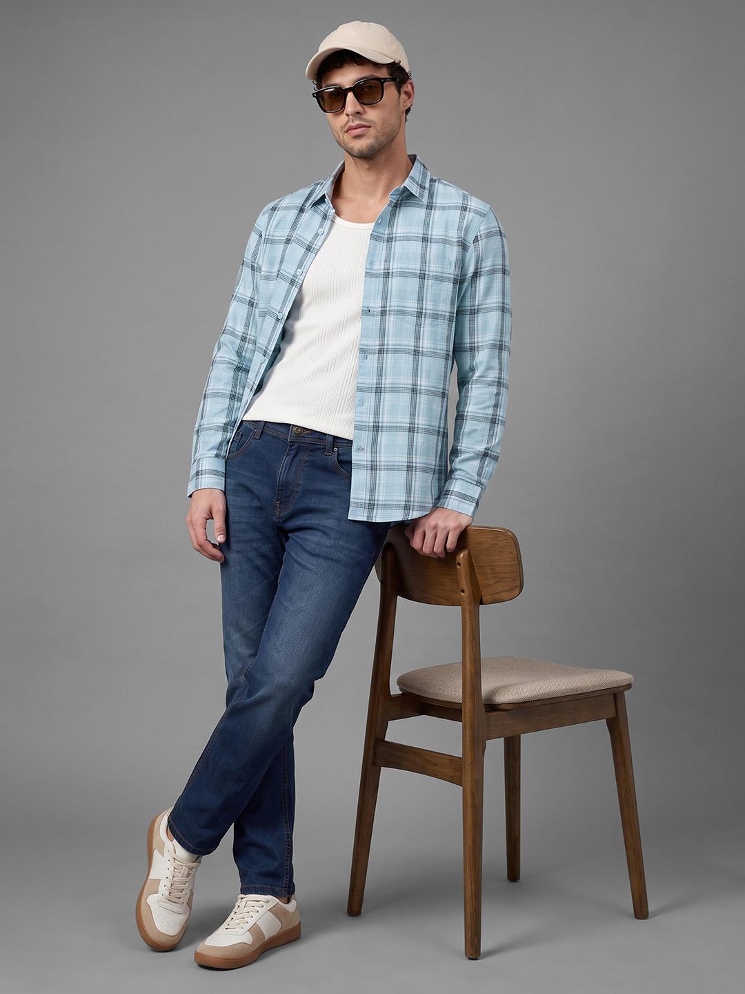 Sky Blue Regular Fit Check Long Sleeve Spread Collar Shirt By Being Human Clothing