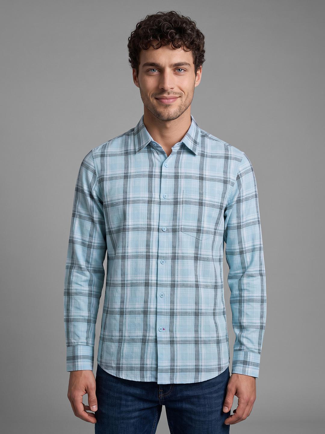 Sky Blue Regular Fit Check Long Sleeve Spread Collar Shirt By Being Human Clothing