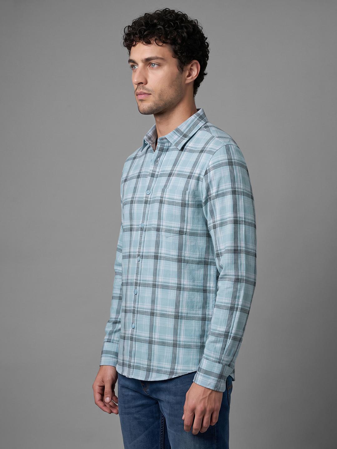 Sky Blue Regular Fit Check Long Sleeve Spread Collar Shirt By Being Human Clothing