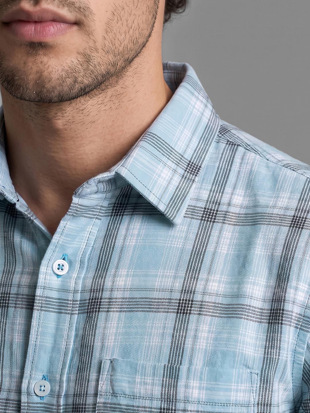 Sky Blue Regular Fit Check Long Sleeve Spread Collar Shirt By Being Human Clothing