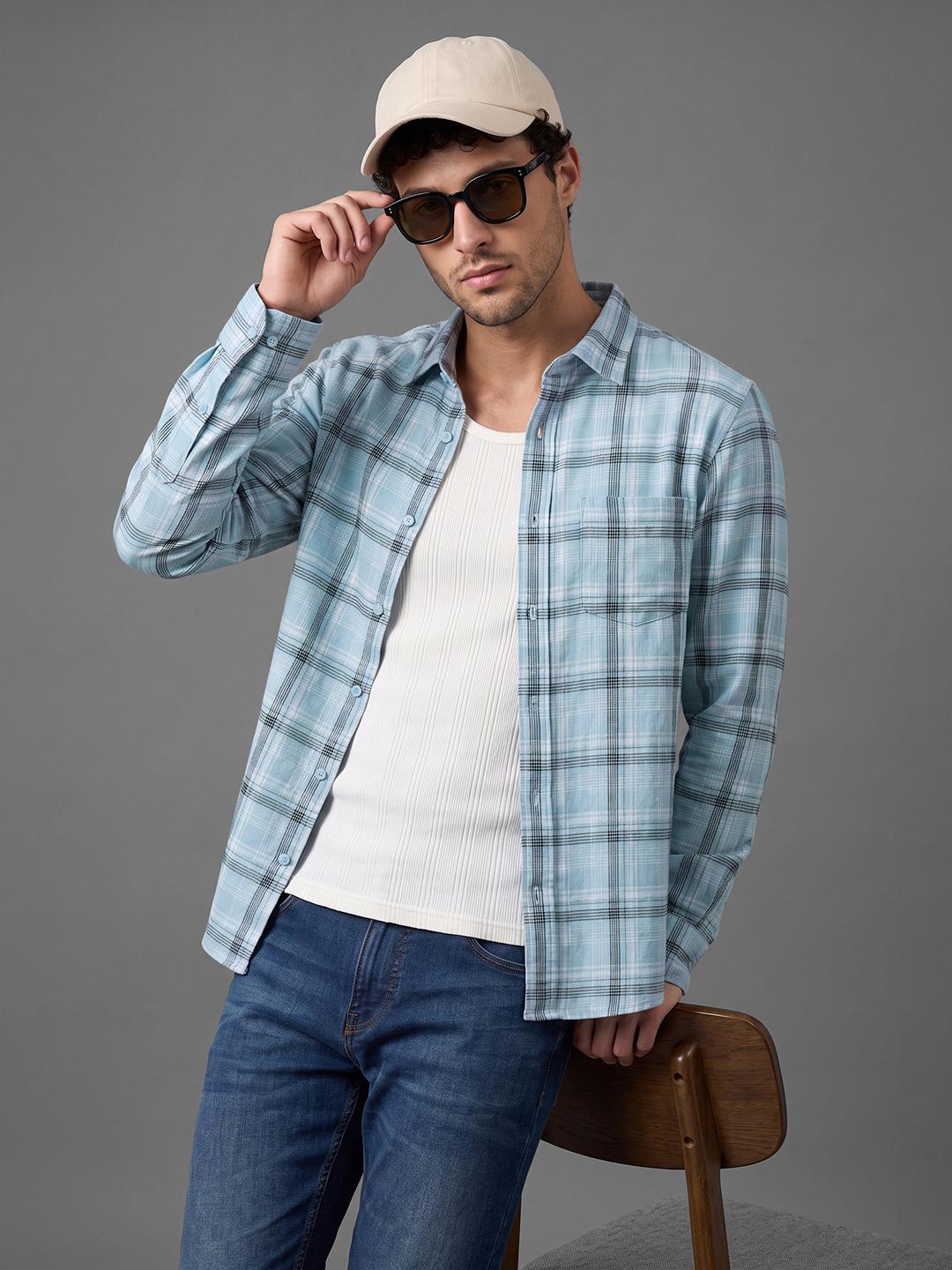 Sky Blue Regular Fit Check Long Sleeve Spread Collar Shirt By Being Human Clothing