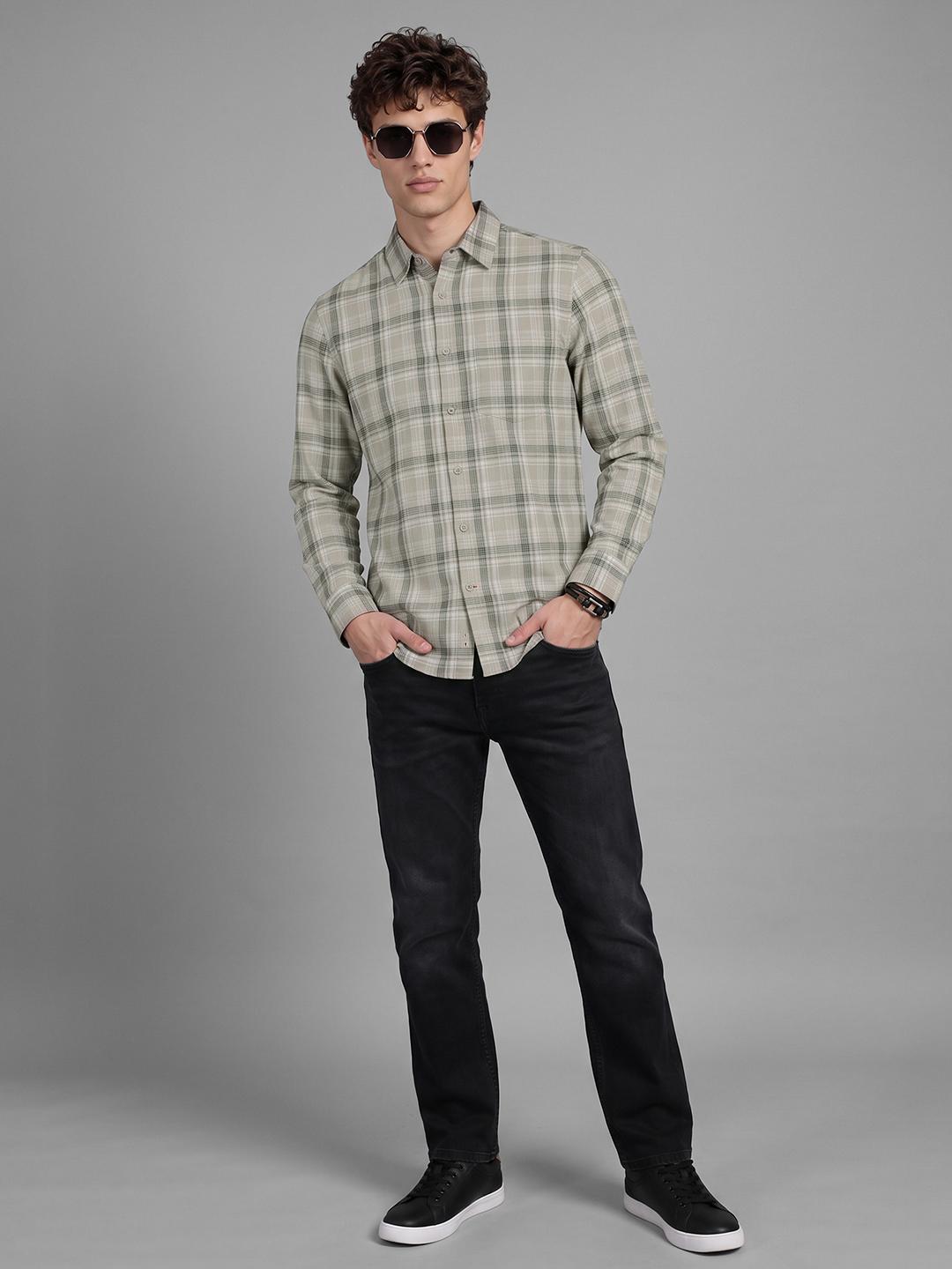 Olive Regular Fit Check Long Sleeve Spread Collar Shirt By Being Human Clothing
