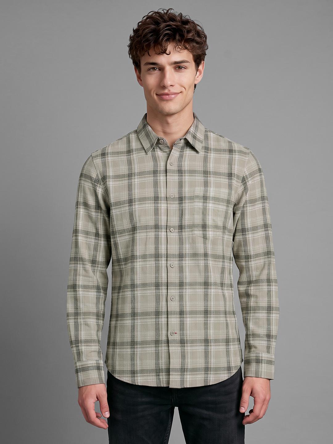 Olive Regular Fit Check Long Sleeve Spread Collar Shirt By Being Human Clothing