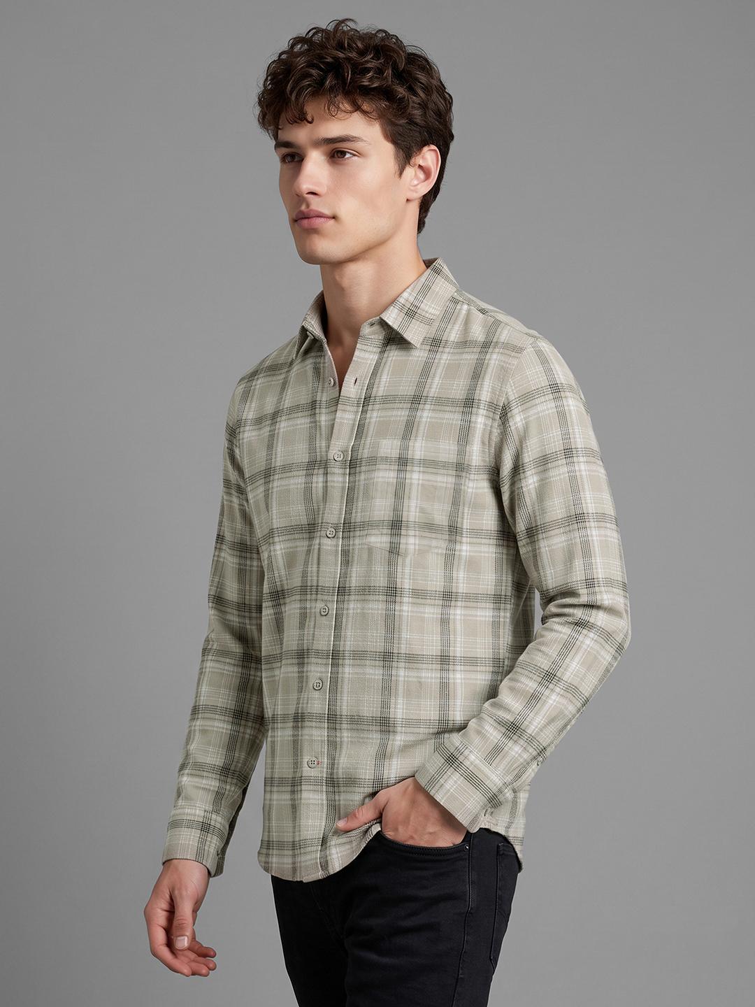 Olive Regular Fit Check Long Sleeve Spread Collar Shirt By Being Human Clothing