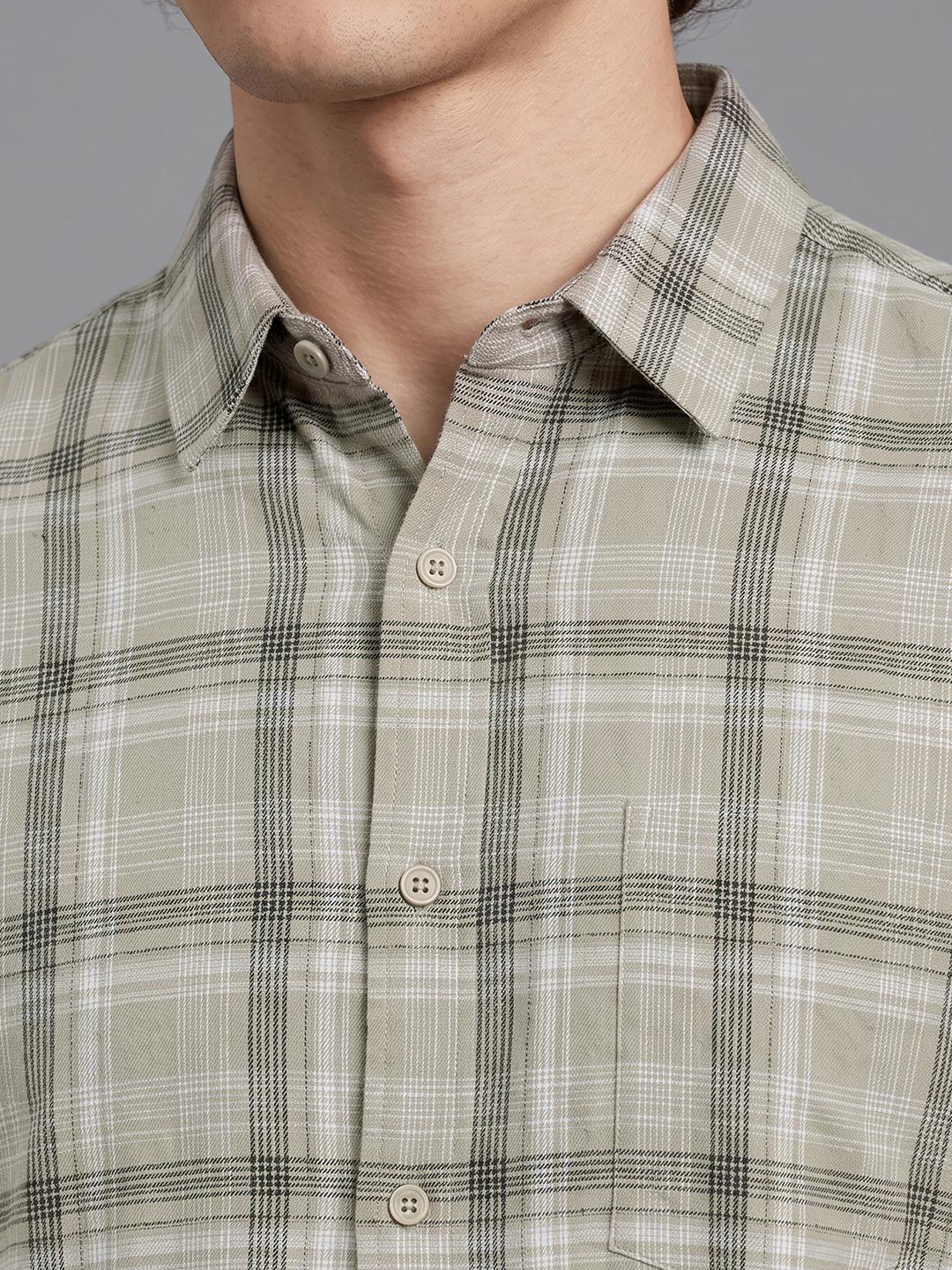 Olive Regular Fit Check Long Sleeve Spread Collar Shirt By Being Human Clothing