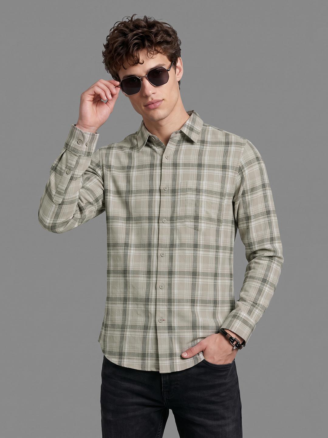 Olive Regular Fit Check Long Sleeve Spread Collar Shirt By Being Human Clothing