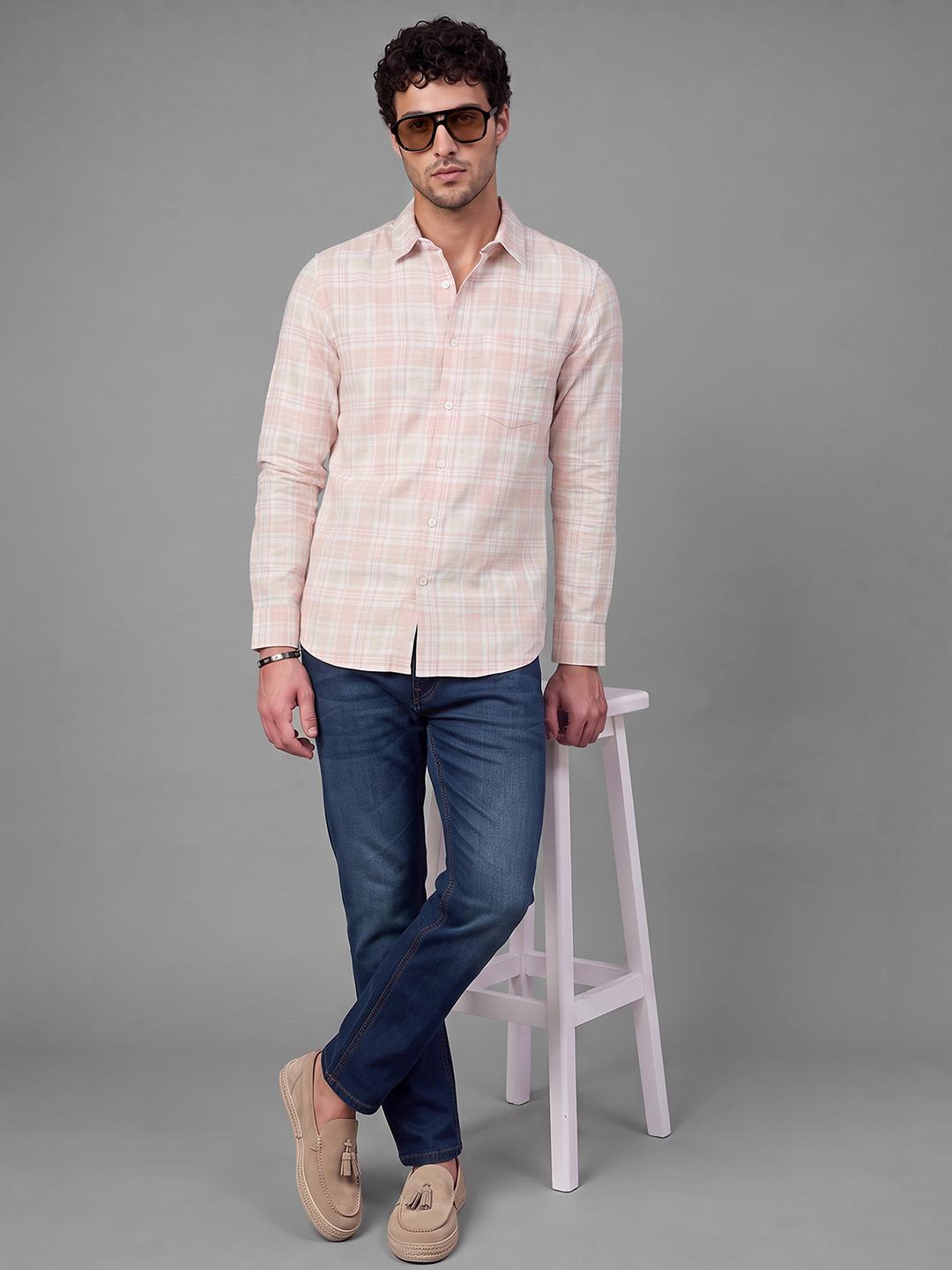 Peach Regular Fit Check Long Sleeve Spread Collar Shirt By Being Human Clothing