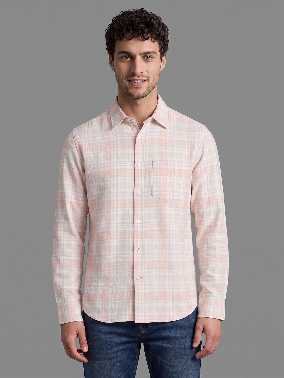 Peach Regular Fit Check Long Sleeve Spread Collar Shirt By Being Human Clothing
