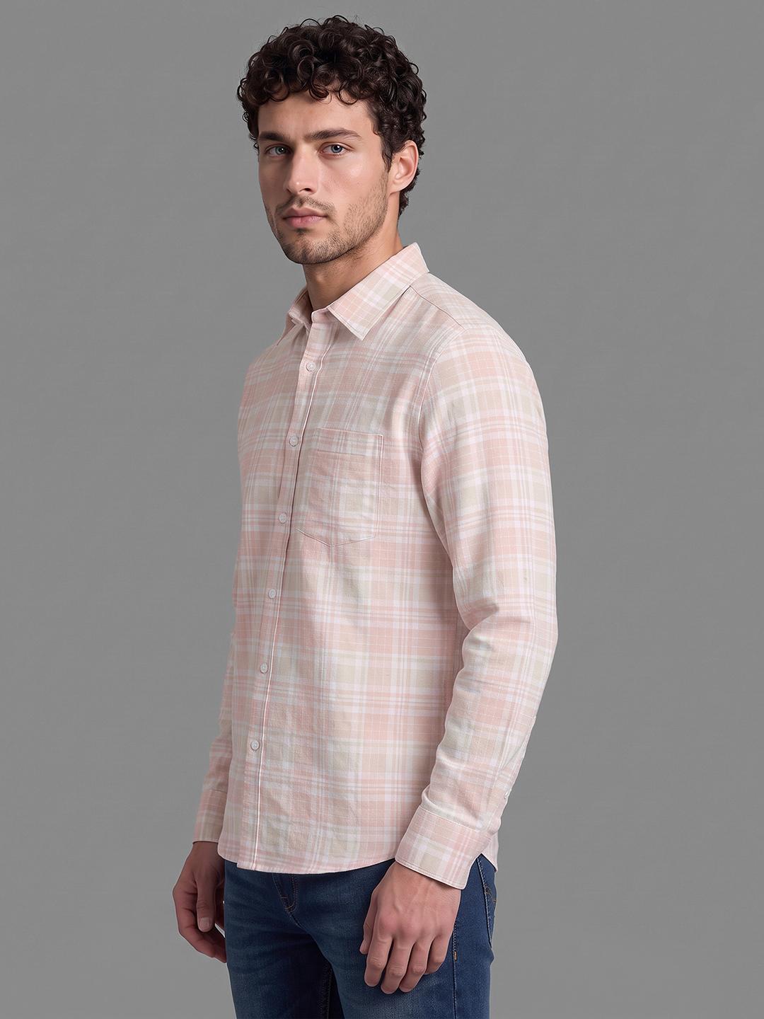 Peach Regular Fit Check Long Sleeve Spread Collar Shirt By Being Human Clothing