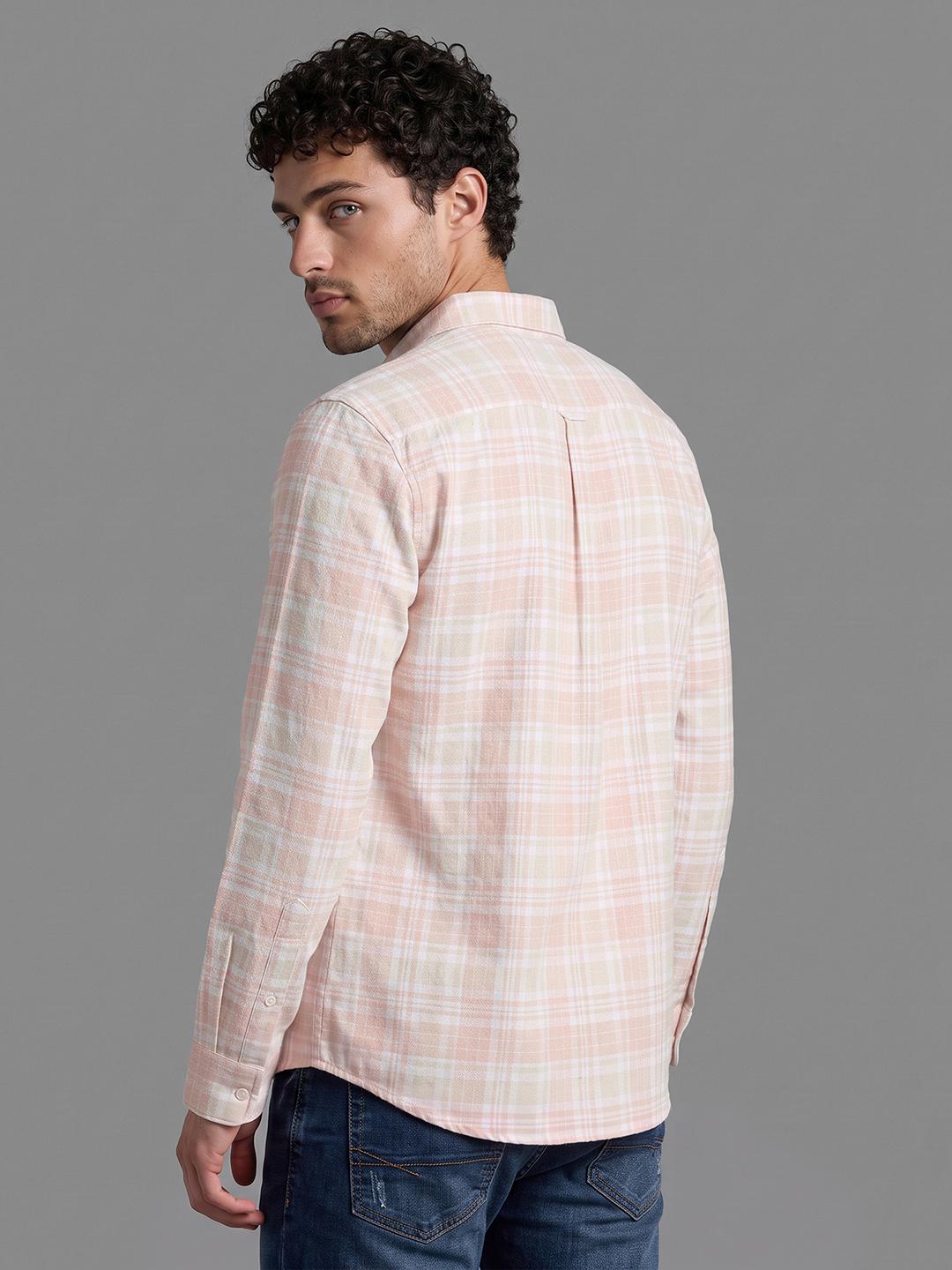 Peach Regular Fit Check Long Sleeve Spread Collar Shirt By Being Human Clothing
