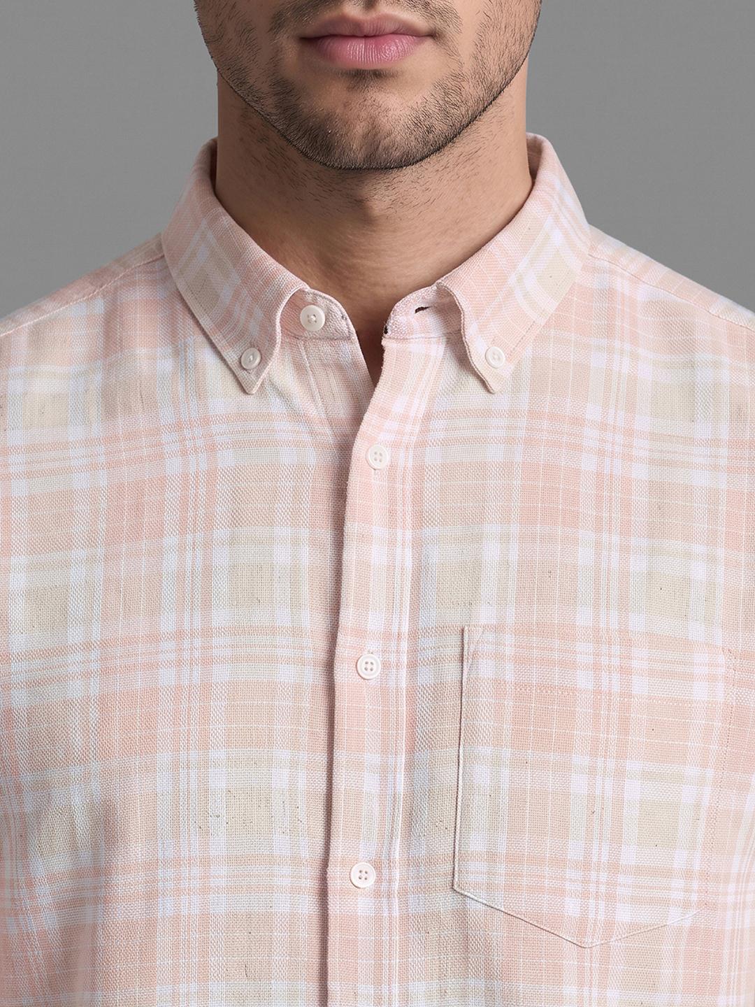 Peach Regular Fit Check Long Sleeve Spread Collar Shirt By Being Human Clothing