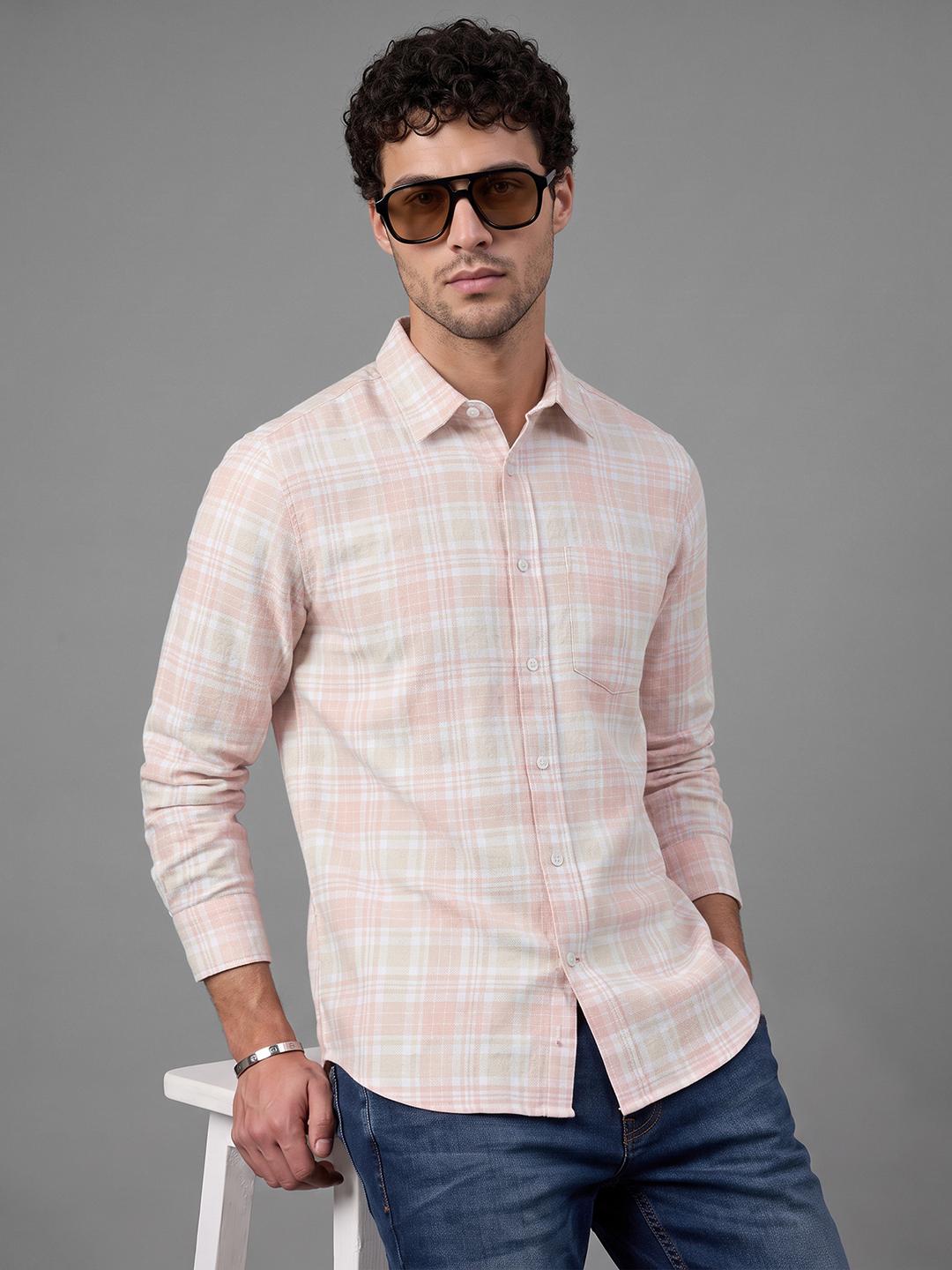 Peach Regular Fit Check Long Sleeve Spread Collar Shirt By Being Human Clothing