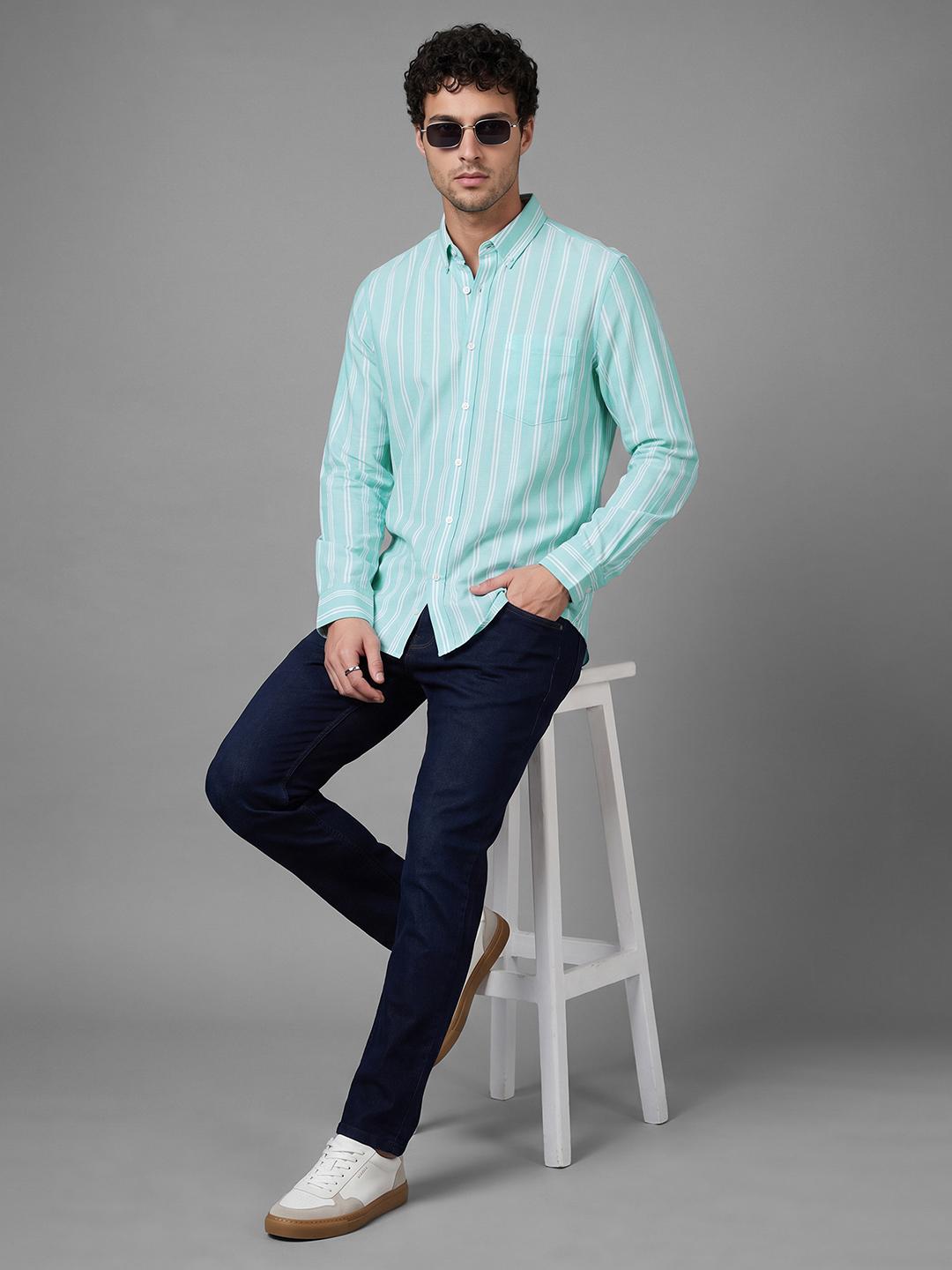 Light Green Regular Fit Stripes Long Sleeve Spread Collar Shirt By Being Human Clothing