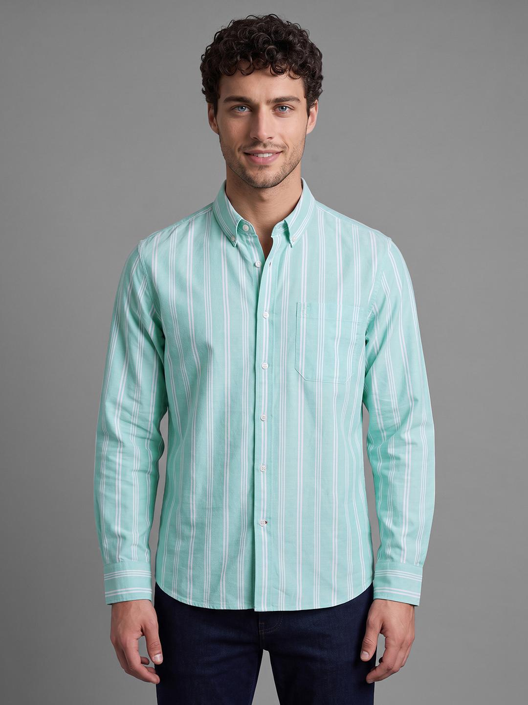 Light Green Regular Fit Stripes Long Sleeve Spread Collar Shirt By Being Human Clothing