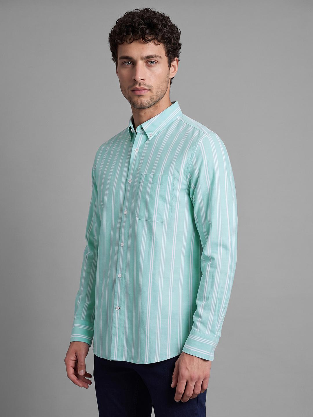 Light Green Regular Fit Stripes Long Sleeve Spread Collar Shirt By Being Human Clothing