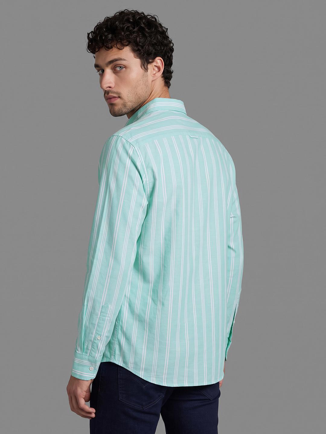 Light Green Regular Fit Stripes Long Sleeve Spread Collar Shirt By Being Human Clothing