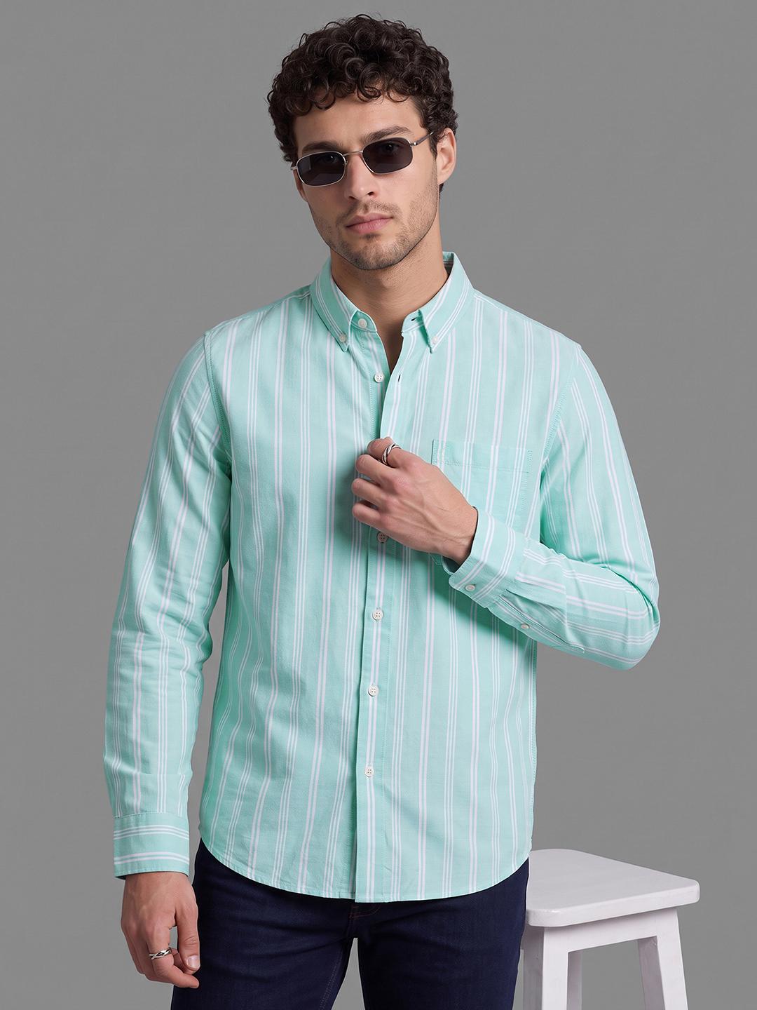 Light Green Regular Fit Stripes Long Sleeve Spread Collar Shirt By Being Human Clothing