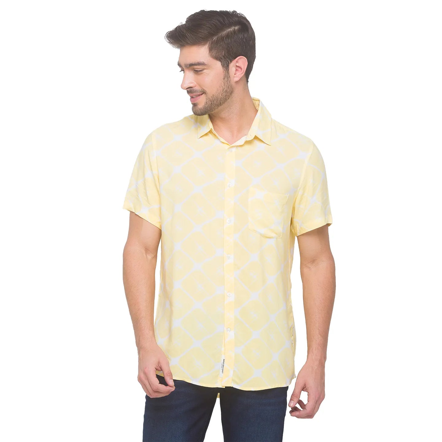 Yellow Slim Straight Fit Regular Collar Short Sleeves Rayon Men's Shirt by Being Human Clothing