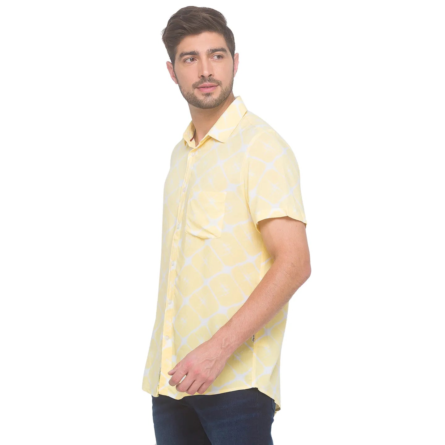 Yellow Slim Straight Fit Regular Collar Short Sleeves Rayon Men's Shirt by Being Human Clothing