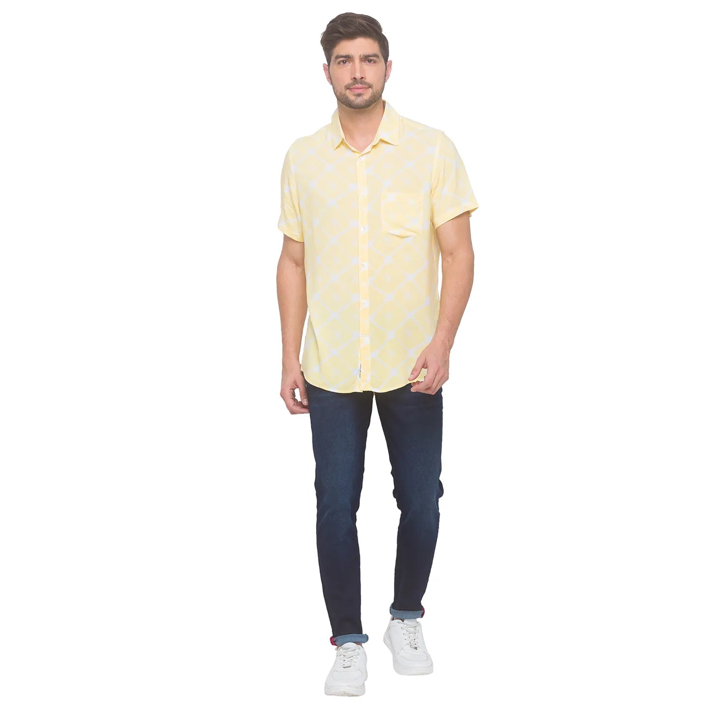 Yellow Slim Straight Fit Regular Collar Short Sleeves Rayon Men's Shirt by Being Human Clothing