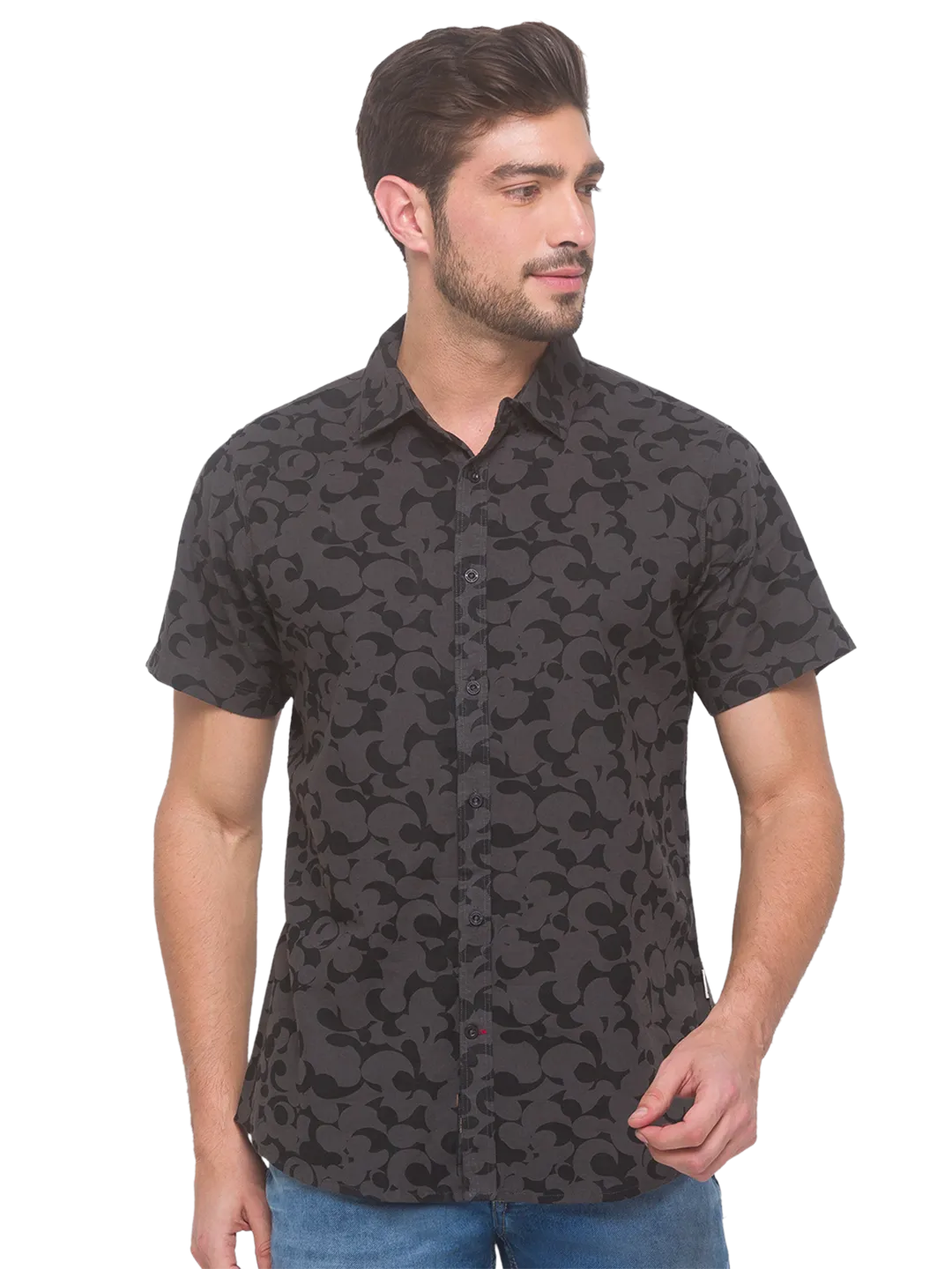 Grey Slim Straight Fit Regular Collar Short Sleeves Cotton Men's Shirt by Being Human Clothing