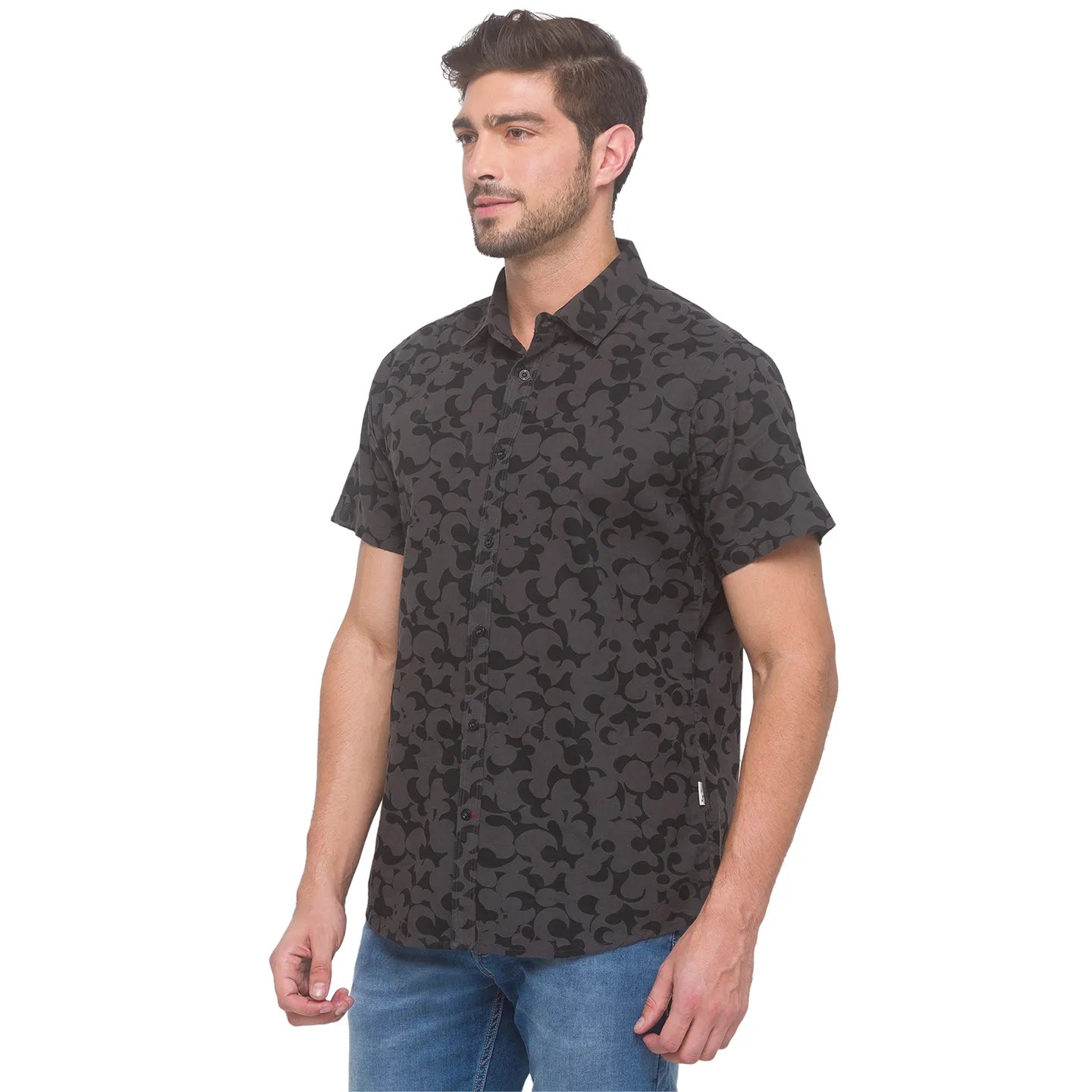 Grey Slim Straight Fit Regular Collar Short Sleeves Cotton Men's Shirt by Being Human Clothing