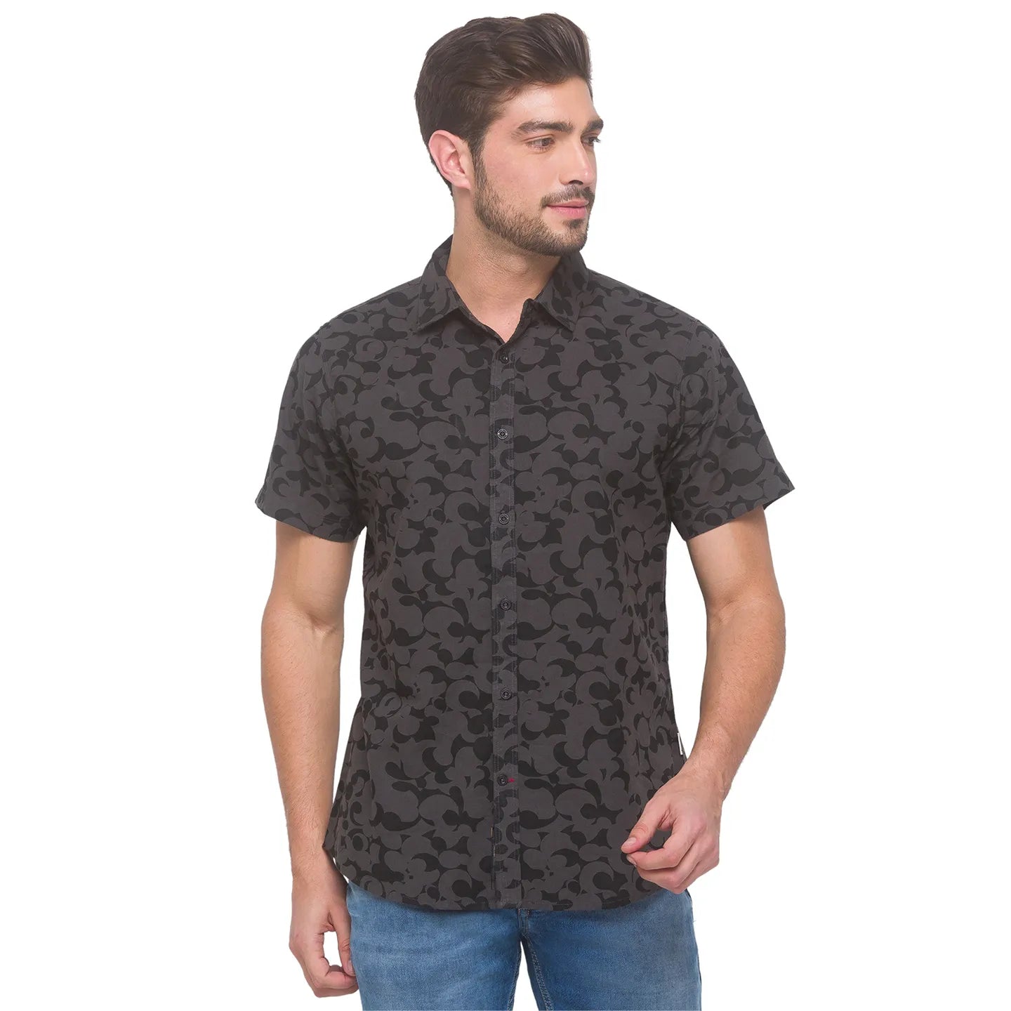 Grey Slim Straight Fit Regular Collar Short Sleeves Cotton Men's Shirt by Being Human Clothing