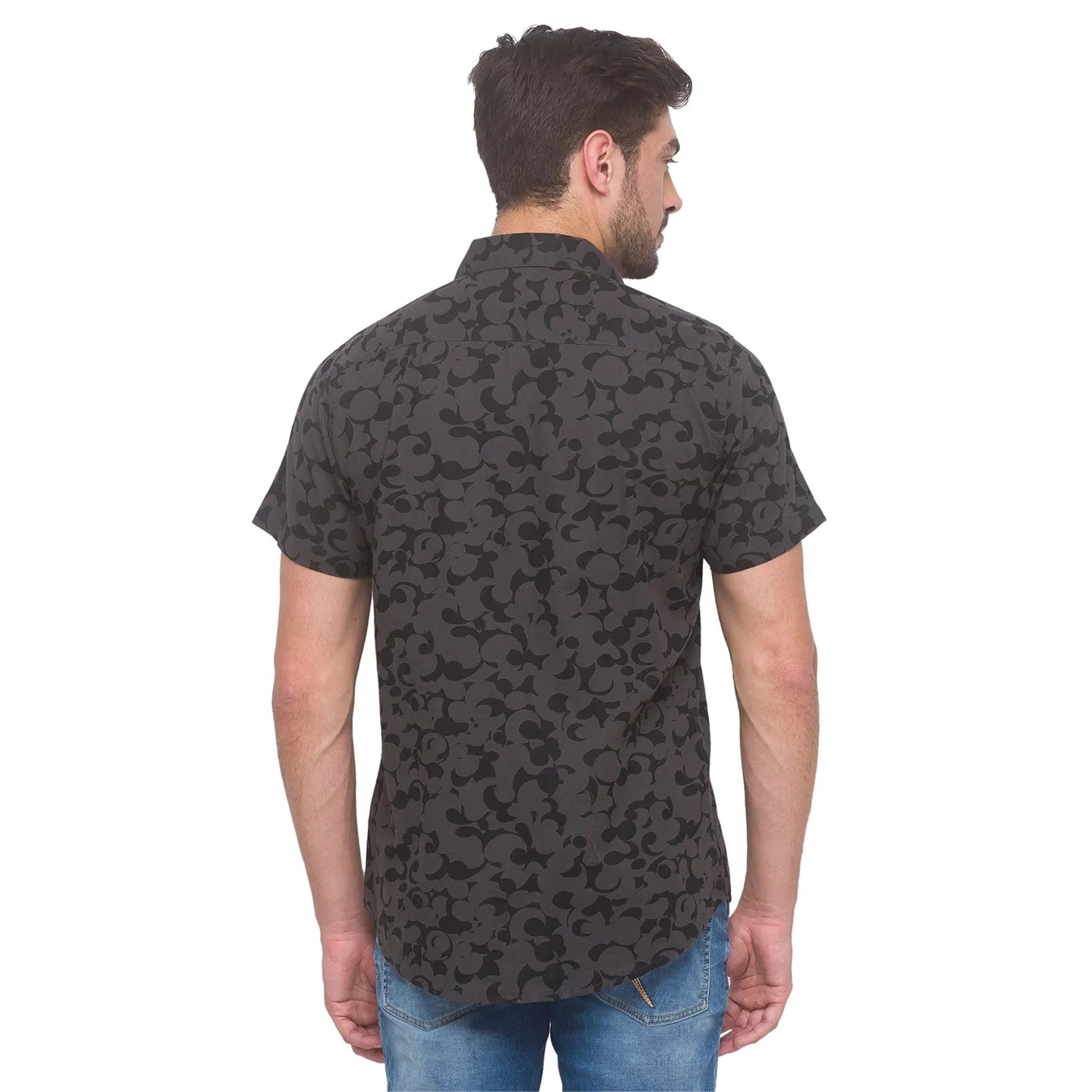 Grey Slim Straight Fit Regular Collar Short Sleeves Cotton Men's Shirt by Being Human Clothing