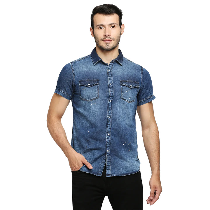 Blue Slim Straight Fit Regular Collar Short Sleeves Cotton Men's Shirt by Being Human Clothing
